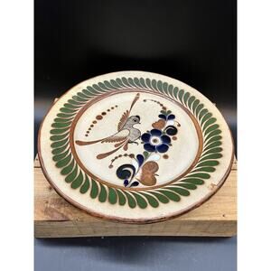Mexico Signed Tonala Hand Painted 12” Round Plate Bird & Flower